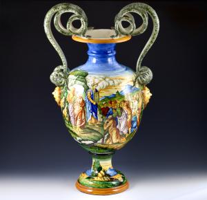 Moisés no Monte Sinai - Grande vaso com duas alças e cena bíblica - Molaroni, início do séc. XX
